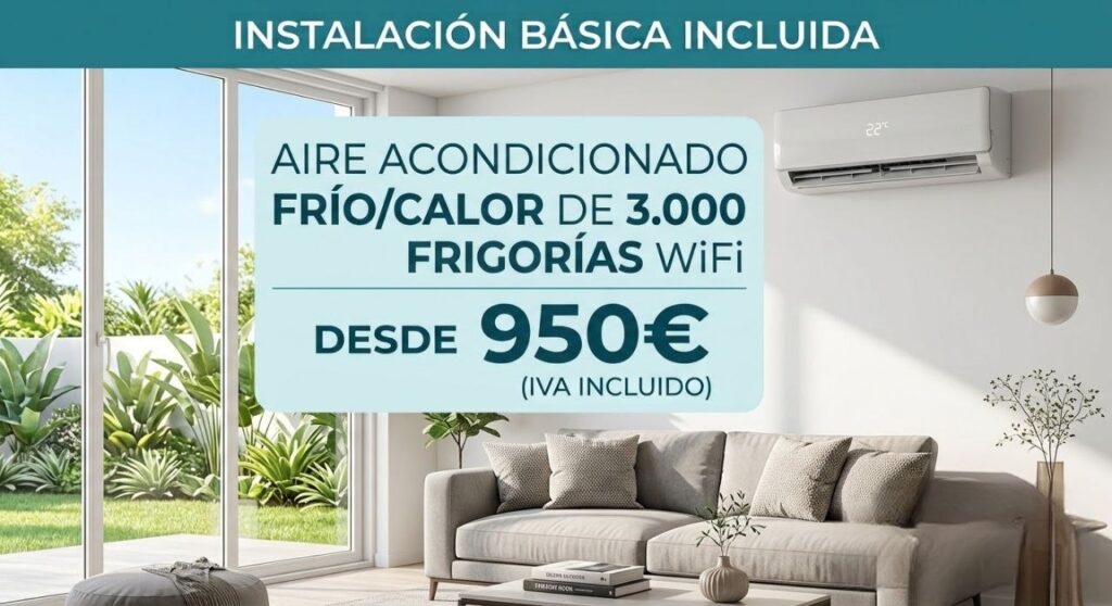 Te instalamos tu Aire acondicionado frío/calor de 3.000 frigorías con WiFi, desde 950 € IVA incluido